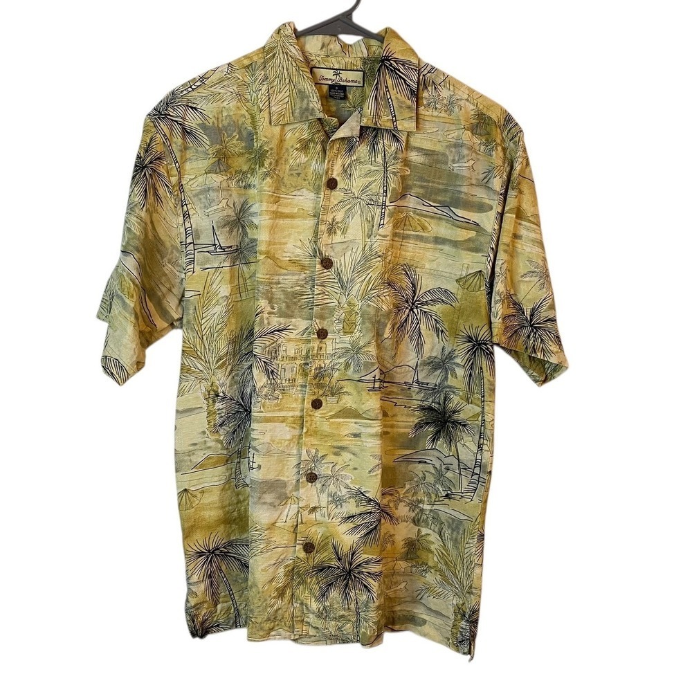 Tommy Bahama Hawaiian Shirt Men Small 100% Silk Aloha Button Tropical Palm Tree